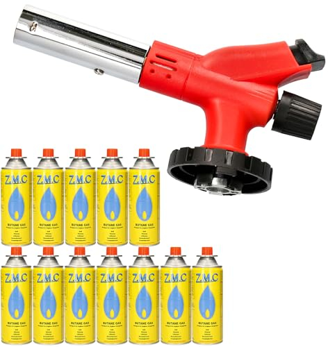 Z.M.C Gasbrenner 1,0kW + 12 Gaskartuschen 227g, Flambierbrenner bis zu 1300°C, Bunsenbrenner Lötbrenner, Küchenbrenner mit einstellbare Flamme, Brenneraufsatz