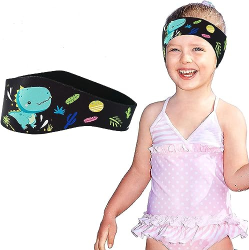 JOCXZI Bandeau de Natation Enfant, Oreilles Enfant, Noir, Motif Dinosaure, 58CM, Sans Cordon, Réutilisable, Natation, Kayak, Surf