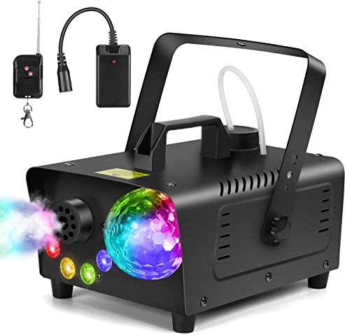 Katomi Macchina per fumo da 800 W con sfera da discoteca, 4 LED RGB effetto luce fumo, mini fumatore con telecomando per DJ discoteca, Halloween, matrimoni, Natale, C2