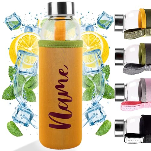 LIVONDO Trinkflasche Glas 0,5 lt. mit Edelstahl Schraubverschluss und Neopren Hülle | Geschirrspüler fest (Sommer - Marigold)