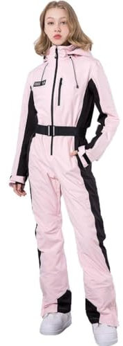 ALSOGO Einteiliger Skianzug für Damen, Skioverall wasserdichter Schneeanzug mit abnehmbarer Pelzkragen Mantel Gürtel, Warm Isoliert Skibekleidung für Outdoor Winter Skifahren Snowboard Pink M
