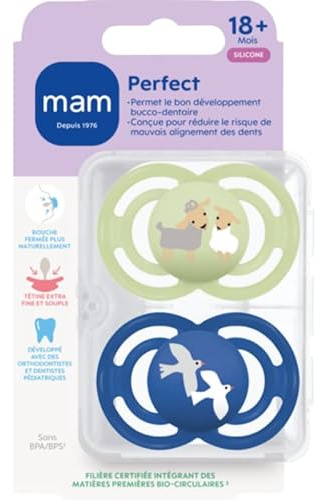 MAM | Sucette Perfect 18+ mois Animaux (2 pièces) coloris aléatoire – Tétine pour nourrisson en silicone extra fine et souple – Tétine bébé idéale pour un bon développement bucco-dentaire