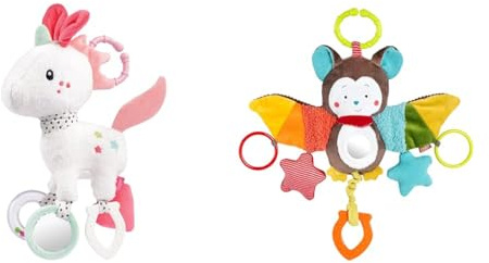 Fehn Activity Spielzeug Einhorn - Motorikspielzeug mit Befestigungsring & Activity-Spieltier Fledermaus – Baby Motorikspielzeug für Kinderwagen