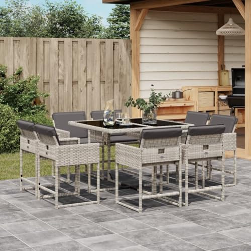 Willood 9 TLG. Garten Essgruppe mit Kissen Hellgrau Poly Rattan Langlebiges Material robust leicht und einfach zu reinigen Platzsparend faltbar Bequemes Sitzen Abnehmbar