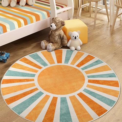 Boho-Teppich, bunt, waschbar, für Klassenzimmer, Sonnendruck, Used-Look, Kreis, weicher, dünner Bodenteppich, rutschfest, niedriger Flor