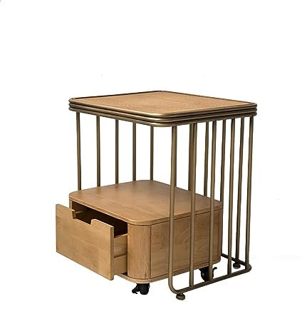 LaYaQbin Nachttisch Nachttisch für kleine Räume, Beistelltisch mit Stauraum, Retro-Rattan-Nachttisch mit Aufbewahrungsspind mit Rollen für das Wohnzimmer