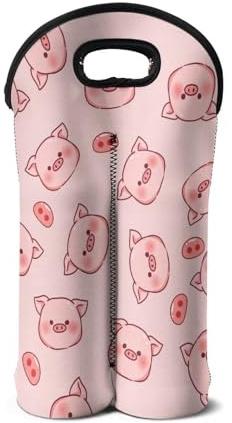 SEANATIVE 2 Bottle Wine Holder Cute Pink Pig Print Champagne Carrier Bag Insulated Neoprene Wine Tote Cooler Bags, Wine Accessories for Women