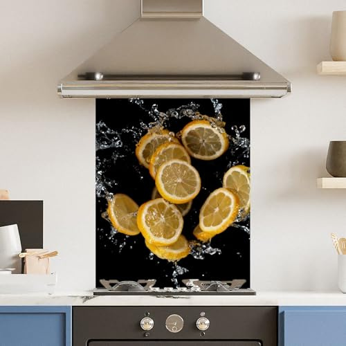 Toughened 6mm Glass Kitchen Splashback 60 x 75cm Lemon Splash - Polished Edge Heat Resistant Back Splash for Cookers Hob