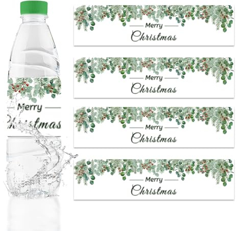 URROMA Wasserflaschen-Etiketten, Motiv: Frohe Weihnachten, grüne Blätter, Wasserflaschen-Aufkleber, Getränke, wasserdichte Verpackungen, Dekoration, 50 Stück