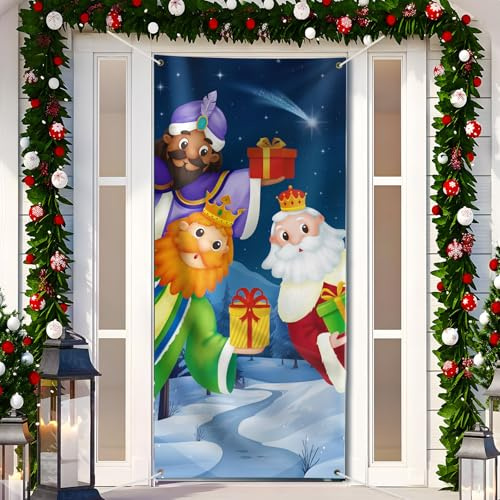GEBETTER 200 x 90 cm Weihnachten Tür Abdeckung Dekoration Haustür Decke Wand Hängen Banner Fotografie Hintergrund für Weihnachtsfeier Feiertag Winter Neujahr Toilettentür Deko (DREI König)