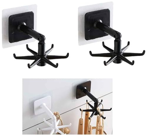 Utensil Holder Wall Hook, 2 Pack Utensil Rack Self Adhesive Hooks 360° Rotating Folding Hook Under Cabinet Utensil Hanger Kitchen Utensil Organizer Space Saving No Drill Stick On Hook