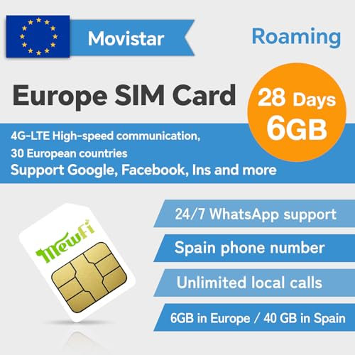 Movistar Europe SIM Card 28 Days 6GB in Europe, 40GB in Spain – Unlimited Local Calls – 4G Data, Easy Activation & 24/7 WhatsApp Support – Compatible with Unlocked Phones