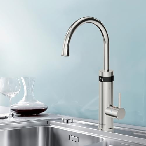 Briwellna Elektrischer Wasserhahn für die Küche, Schneller Heizhahn, Edelstahl Wasserhahn mit Digitalanzeige, 360 Grad drehbarer Wasserhahn mit Durchlauferhitzer (Silber)
