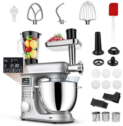 8L Stand Mixer (6 Speed Tilt-Head) + LED Display + Stainless Steel Bowl + 1.5L Glass Jar, Meat Grinder, Dough Hook, Whisk, Pasta Attachment,Silver