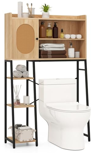LIFEZEAL Toilettenschrank Holz, Platzsparendes Toilettenregal mit Rattan-Türen, Multifunktionaler Überbauschrank Badezimmerschrank, 89 x 29 x 139 cm, Natur