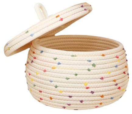 Fruusv Gewebter Aufbewahrungskorb aus Baumwollseil, Baby-Kinderzimmerkorb mit Deckel, runder Regenbogen-Pompons, geflochtener Wäschekorb mit Griff, waschbar zur Aufbewahrung von Garn, Schlüsseln