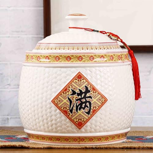 Olla arrocera china sellada de gran capacidad, cubo de arroz de cerámica con diseño de borla, recipiente de cerámica para almacenamiento de granos, dispensador de arroz, cubo de almacenamiento he