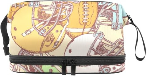 Borsa per cosmetici a doppio strato con casco da disegno e football americano, per donne e ragazze, borsa da toeletta da viaggio per trucchi, pratica borsa organizer con scomparto per pennelli, Multi,