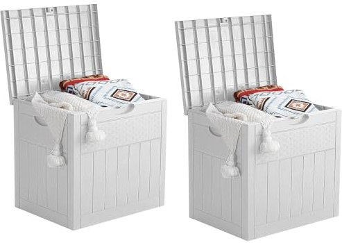 EHHLY 33 Gallon Deck Box Set of 2, Small Outdoor Storage Box Waterproof, Lockable Secure Package Bin Delivery Box for Outside, Patio Cushions Storage Box, Delivery Driver Snack Box for Porch, White