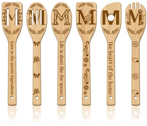 GLOBLELAND 6 Pièces Lettre M Florale Ustensiles de Cuisine en Bambou Cuillères en Bois Gravées Spatules à Motif de Fleurs Ensemble de Cuillère de Cuisine en Bois pour Mère l'amie Femmes Cadeau