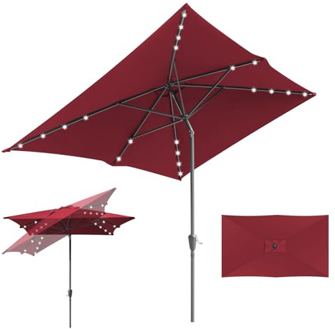Fiqops Parasol solaire à LED - 300 x 200 cm - Avec manivelle - Rectangulaire - Protection solaire UV50+ - Pliable - Imperméable - Pour jardin, sans support - Rouge, rouge avec LED, 300 x 200cm
