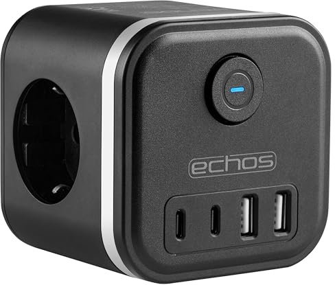 Echos - Cube Multiprise 7 en 1 Sans Câble avec 3 Prises USB C, 4 Prises avec Interrupteur, Adaptateur de Fiche Cube avec Sécurité Enfant, 3680 W (Noir)