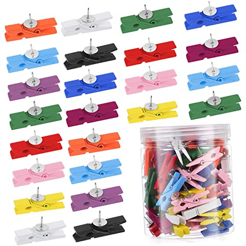 HOLIDYOYO 100 Stück Bunte Reißnägel aus Holz mit Clips Dekorative Holzklammern für Korktafeln Bastelprojekte und Notizen
