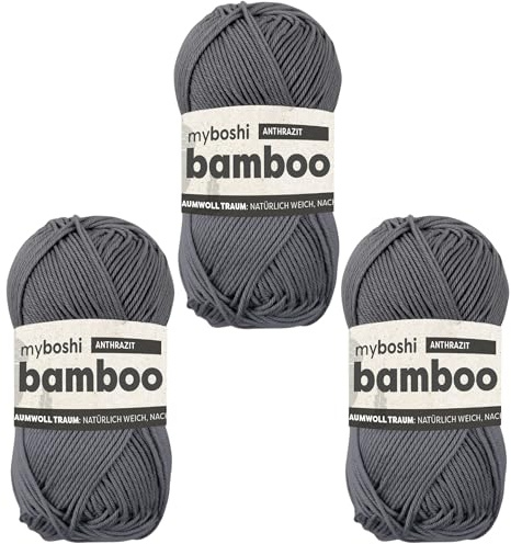 myboshi Bamboo, natürlich weiches Bambus-Baumwollgarn, zum Häkeln und Stricken, strapazierfähig, 50g, 125m, Grau (Anthrazit) 3 Knäuel