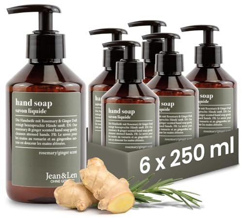 Jean & Len jabón de manos Romero & Jengibre, limpia las manos estresadas, para uso diario, jabón líquido en dosificador recargable, sin parabenos, siliconas ni microplásticos, 6 x 250 ml