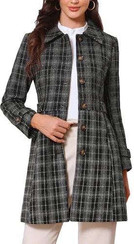 Allegra K Manteau d'Hiver Femme à Carreaux Caban à Simple Boutonnage Trench-Coat Mi-Longue à Col Rabattu Noir L