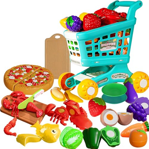 IZDUDO 24 STK Schneiden Spielen Lebensmittel Spielzeug Set mit Lagerung Tasche, Obst Gemüse Pizza Dessert Rollenspiel Kinderküche Zubehör für realistische Kochen für Kinder ab 3 Jahren, Lernspielzeug