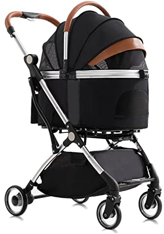 Haustier-Buggys für kleine mittelgroße Hunde/2 Katzen, Hundebuggy, Haustier-Katzen-Hundebuggy, Buggy, teilbarer Haustier-Transportwagen, Aluminiumhalterung, Reisewagen mit Regenschutz (schwarz)