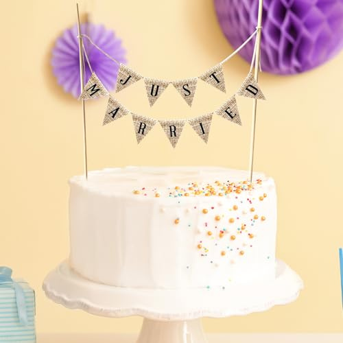Just Married Cake Banner for wedding Cake Decoration, Wedding Cake Topper, Handmade Linen Pennant Just Married Flags with Bamboo Polls for Birthday,Wedding,Anniversary