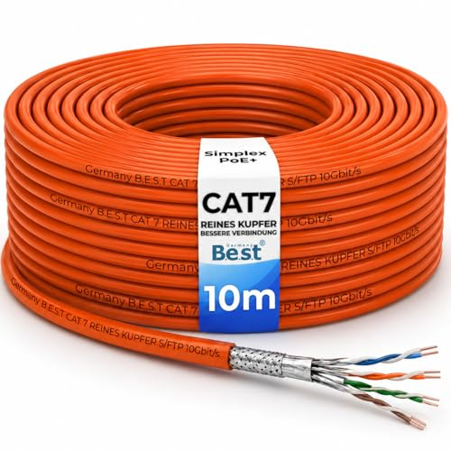 CAT 7 Netzwerkkabel 10m Reines Kupfer LAN Verlegekabel S/FTP 10 Gbit | 100% reines Kupfer, LAN Verlegekabel, Ethernet Installationskabel, S/FTP, 10 Gbit, PoE+, Router, Switch, Patchpanel, Keystone