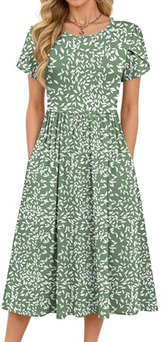 MOLERANI Women Summer Midi Dress - Casual Short Sleeve Boho Beach Dress for Ladies Loose Swing Dresses Casual Midi Sundress with Pockets Flyleaf Olive 2XL