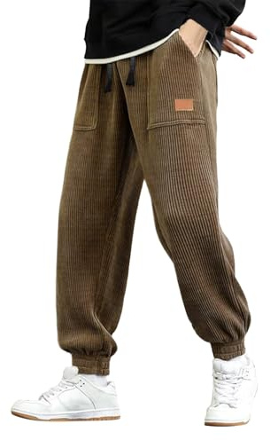 Generisch Pantalones de chándal para hombre holgados - Pantalones de invierno engrosados, de pana lisa con bolsillos, con cordones y etiqueta de cuero, marrón, M