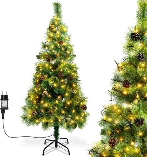 Aigostar 150 cm Künstlich Weihnachtsbaum mit 13 M LED-Beleuchtung, 8 Beleuchtungsmodi,200 LED, Warmweiß, Zweige mit Kiefernnadeln und Tannenzapfen, inkl. Metallständer, Schneller Aufbau