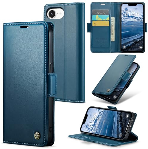 Idhiem Portefeuille Rabat Coque pour iPhone 16e, Bleu | Housse Premium en Cuir PU, RFID Protection, Portefeuille Rabat Case, Porte Cartes et Fonction Support Étui