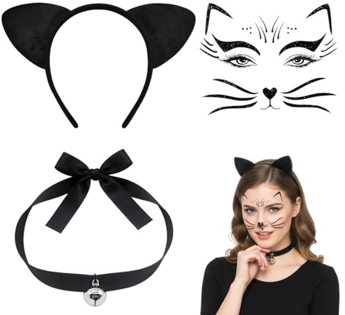 IWIDYA 1 Set Costume da Gatto per Bambini, Include Haarreif Katze in Peluche, Schal Katze con Campanella e Sticker per Viso Divertenti