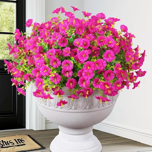 Regallop Artificial Outdoor Flowers Fake Plants, 12 Bundles Silk Morning Glory Eucalyptus Realistic Colorful Faux Flowers for Outside Planter Porch Yard Patio Balcony (fuchsia)
