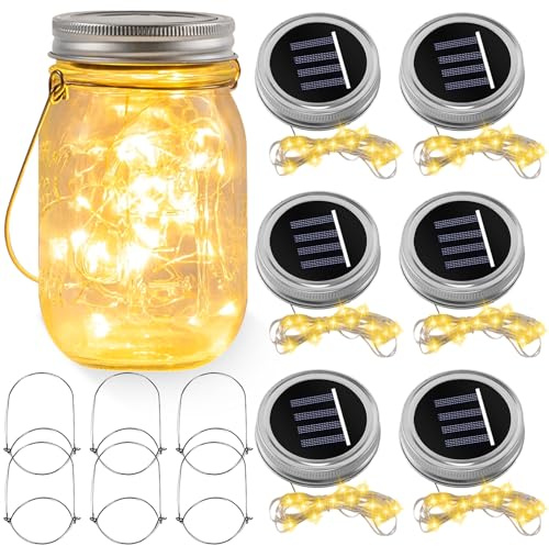 Lot de 6 lampes solaires d'extérieur - Couvercle en fil argenté - Couvercle solaire - 30 lampes LED blanc chaud - Verre solaire original pour bocal Mason Jar en verre - Décoration d'arbre de jardin