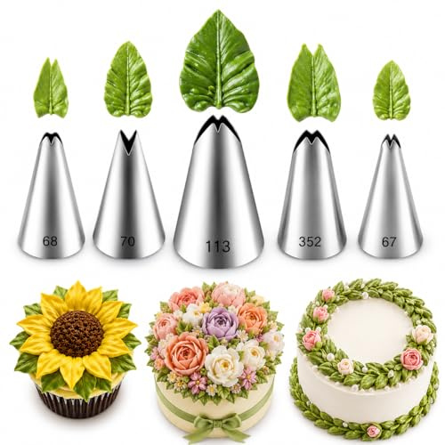 Tumtanm 5 Stück Blatt Spritztüllen Set, Edelstahl Kuchen Dekorieren Tipps für Buttercreme Zuckerguss Spritztüllen für Cupcakes, Kekse, Kuchen - Inklusive 67, 68, 70, 352, 113 - Spülmaschinenfest