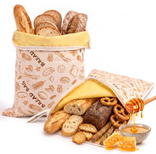 Bivaxbrödpåse, set med 2 återanvändbara linnebrödpåsar (42×33 cm) | Bivaxpåse med dragkedja och bärremmar för att hålla hemlagad surdegsbröd färsk (bomull, hållbar)
