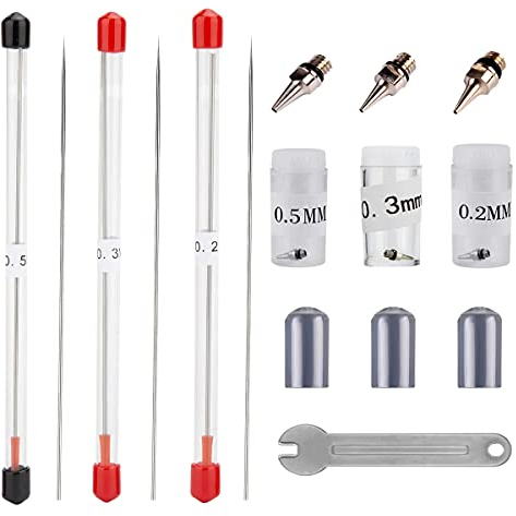 Homeet 10 Stück Airbrush Düse 0,2mm/0,3mm/0,5mm Nadel Airbrush Ersatz Zubehör Kit Universal für Airbrush Gun Düse und Nadel Ersatzteile, und EIN Spezieller Schraubenschlüssel