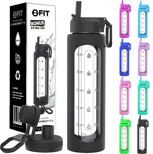 Glass Water Bottle with Time Markings 1 Litre - EXTRA LID, 1l Water Bottles, Waterbottle, Glass Drinking Bottle for Hydration, Reusable, Wide Mouth, Leakproof, BPA Free (Black Sleeve)