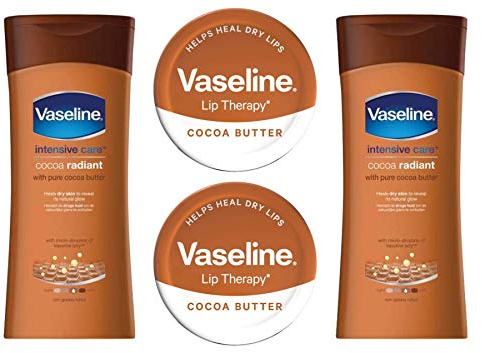 Cocoa Radiant Body Lotion and Cocoa Butter Lip Balm Set. 2x 200ml Intensive Care Lotion & 2x 20g Lip Therapy that soothes dry lips