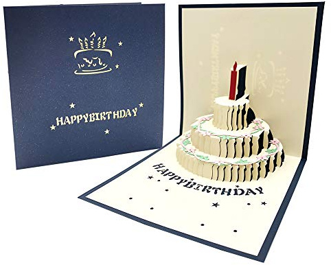 ButterFox 3D Cake Birthday Greeting Card with 3 Layers Cake and Red Candle Design Laser Cut 3D Pop Up Happy Birthday Card with Envelope for Birthday Parties and Anniversaries (Blue)