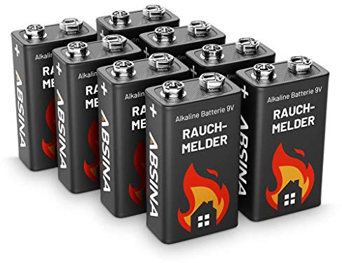 Rauchmelder Batterie 9V Block - 8er Pack Alkaline 9V Block Batterien langlebig & auslaufsicher - Blockbatterien für Feuermelder, Bewegungsmelder, Kohlenmonoxid, Warnmelder & Rauchwarnmelder ABSINA
