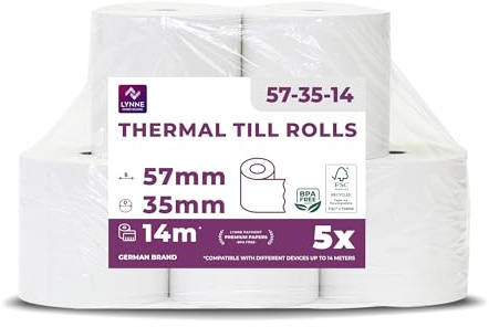 Ec-Cash Thermorollen 57mm x 14m x 12mm - Kassenrollen - Thermopapier - Bonrollen für Bankomat - Kredit-Kartenlesegeräte (57x35x12) (5 Rollen)