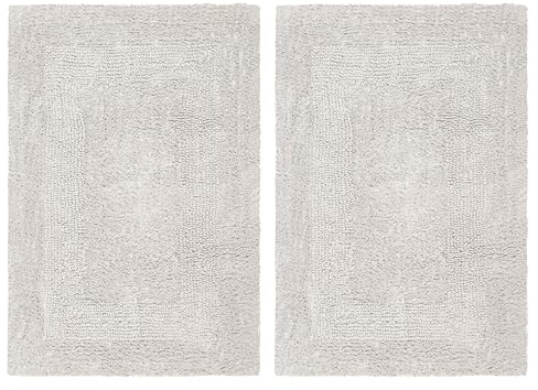 COTTON CRAFT Luxurious Bath Mat Rug - Set of 2 Reversible Heavyweight Step Out Bath Mats for Bathroom Floor, Tub and Shower - Pure Cotton Soft Plush Absorbent Tufted Racetrack Mat - 17 x 24 - Platinum
